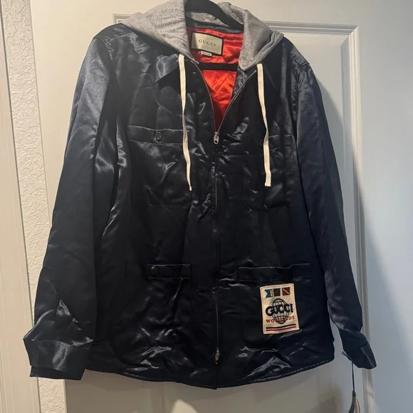 Gucci Dark Blue Satin Jacket with Light Gray Hood